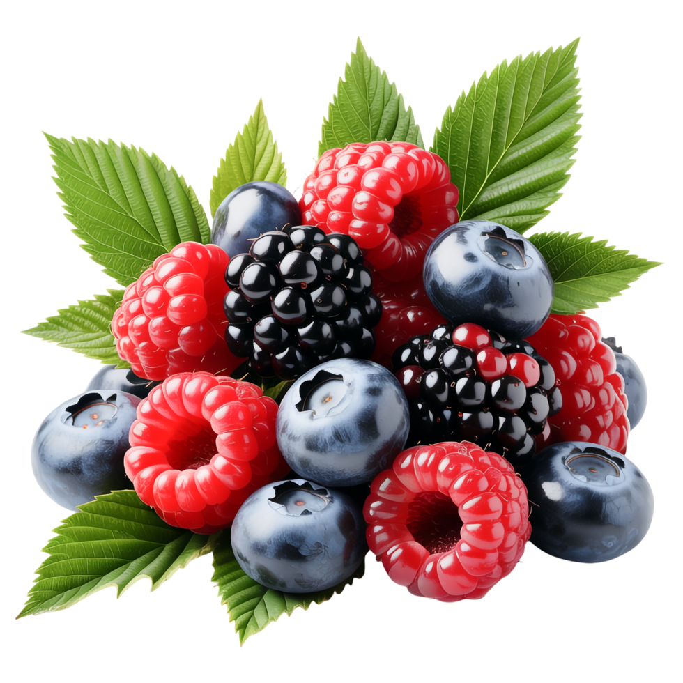 Delicious Pile of Raspberries, Blueberries and Blackberries with Green Leaves png