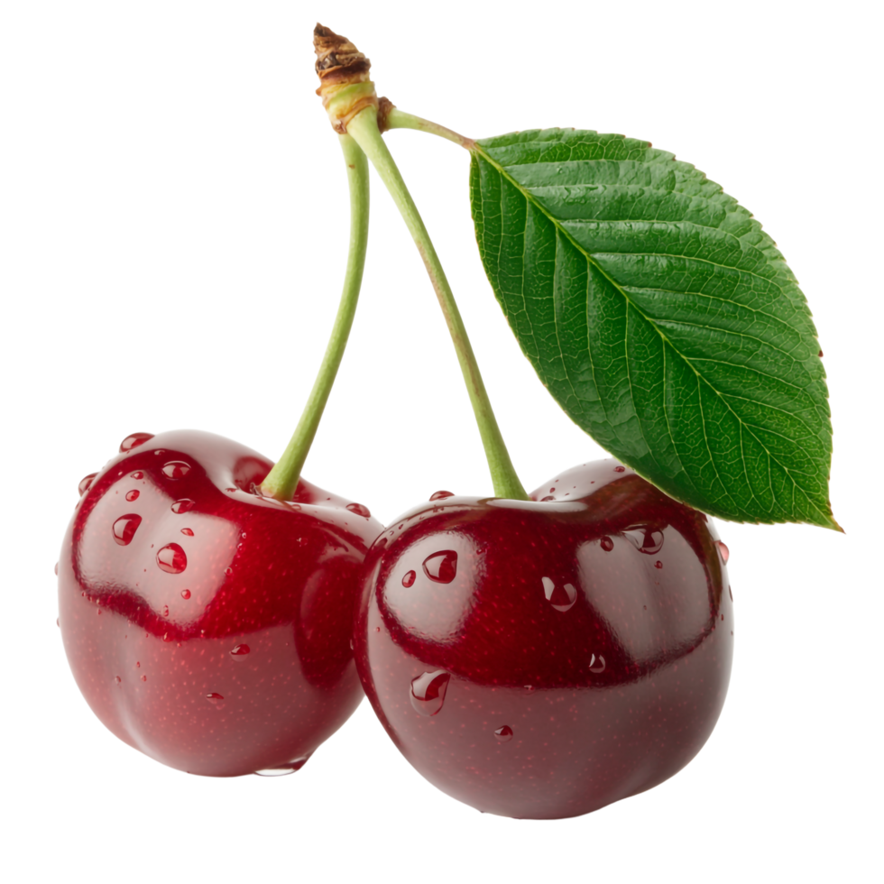 Two Fresh Cherries with Stem and Leaf on Transparent Background with Water Drops png