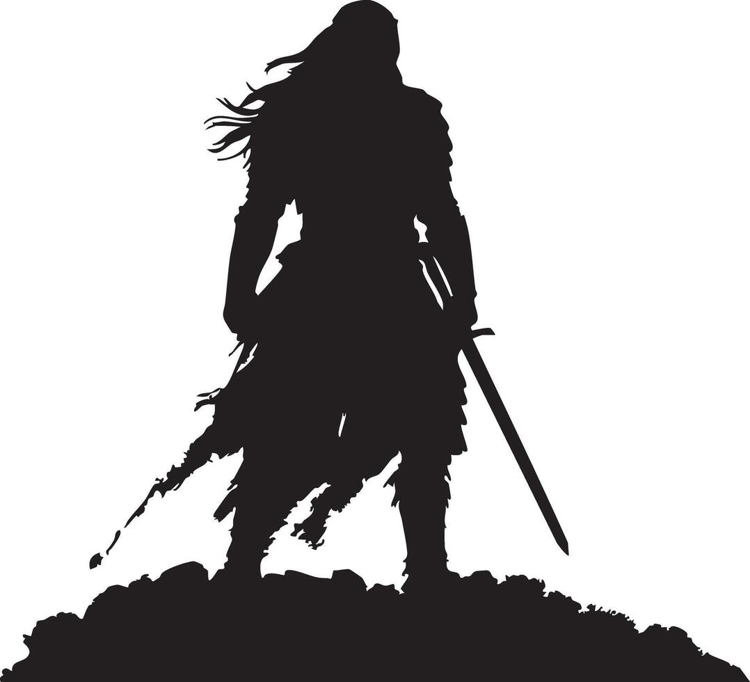 Silhouette of a warrior standing with a sword on a hill against a stark white background design art vector