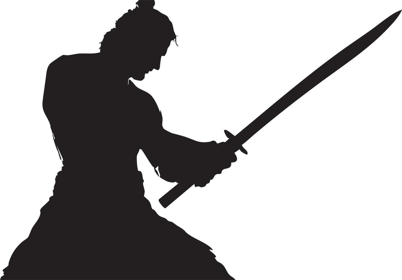 Silhouette of a man holding a katana sword in a fighting stance against a white background image vector