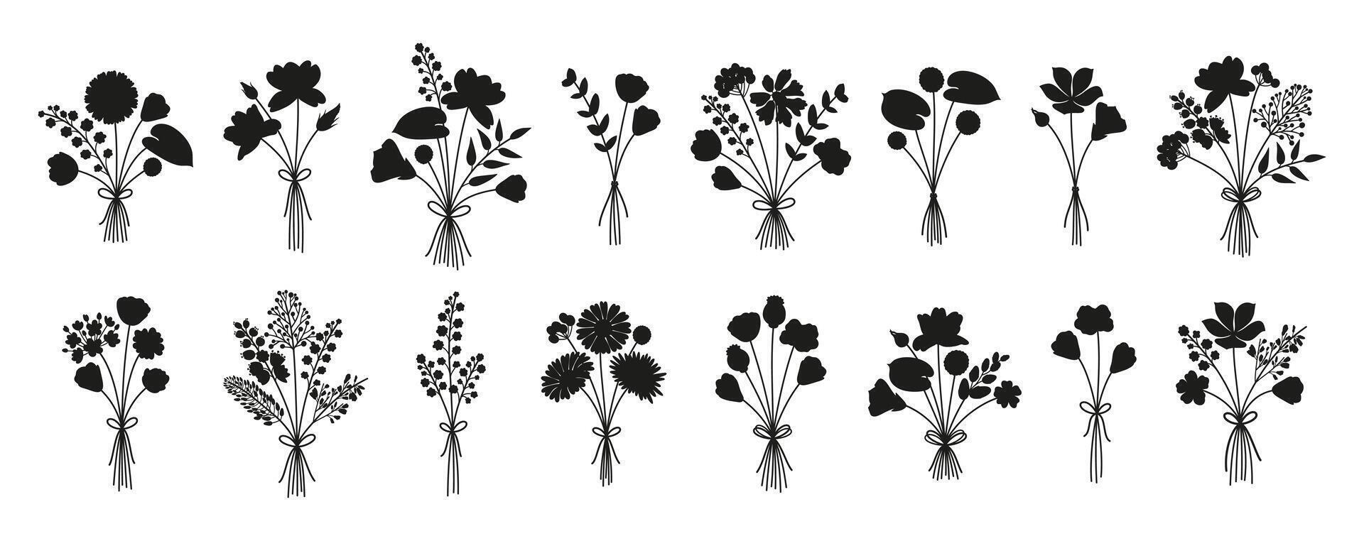 Set of summer delicate silhouettes flower bouquets in black color vector