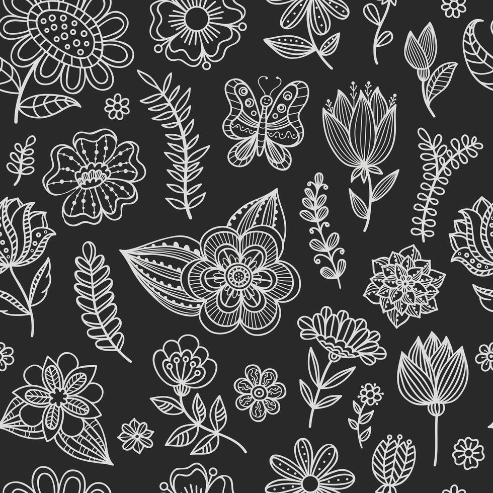 Seamless pattern with floral chalk elements on the chalkboard. Spring, summer fashion pattern with hand drawn flowers and leaves. Background for design, wrapping, fabric. vector