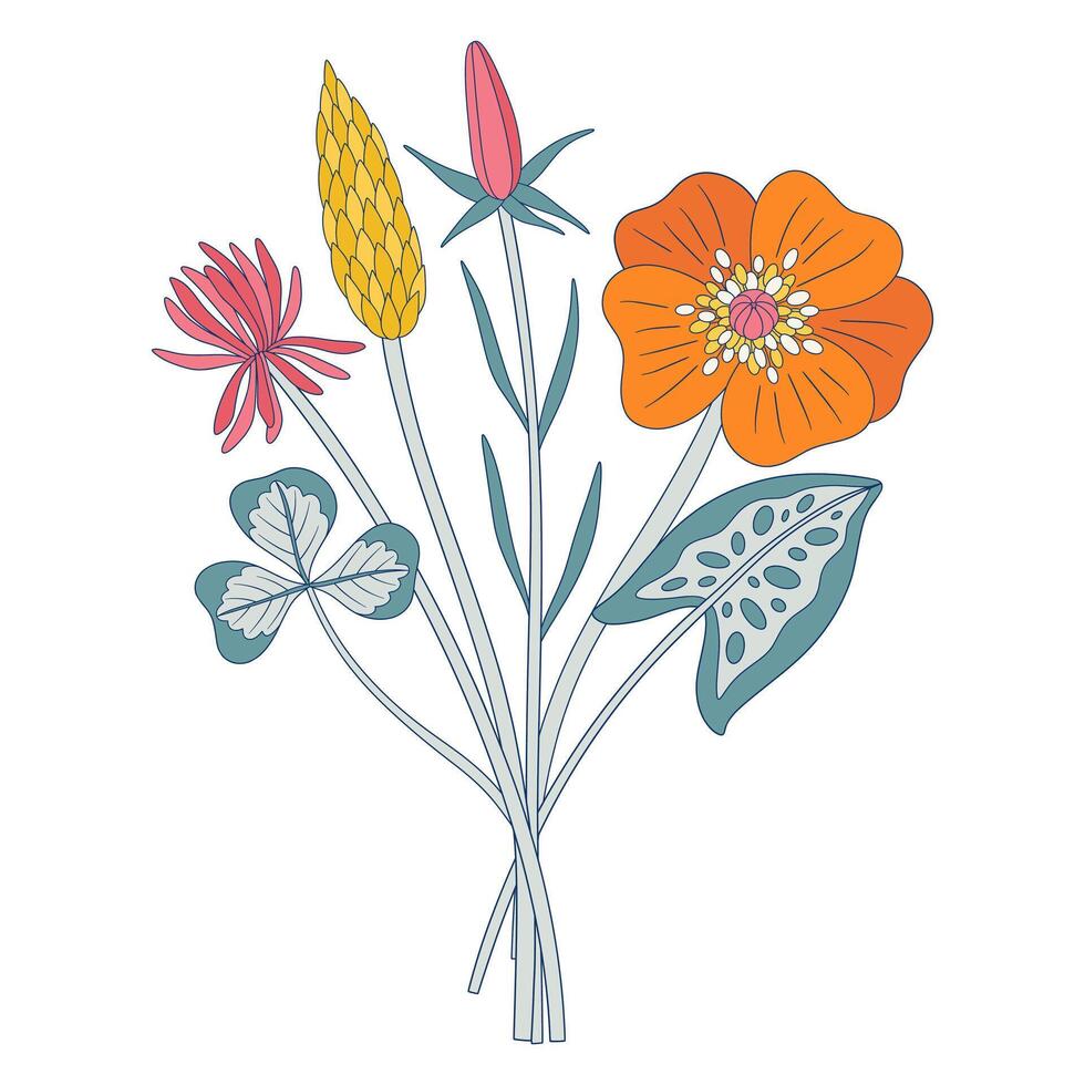 Bright bouquet of wildflowers. Bunch with anemone, clover, different meadow flowers, and blooming wild plants. Botanical hand-drawn elements for design projects, illustration vector