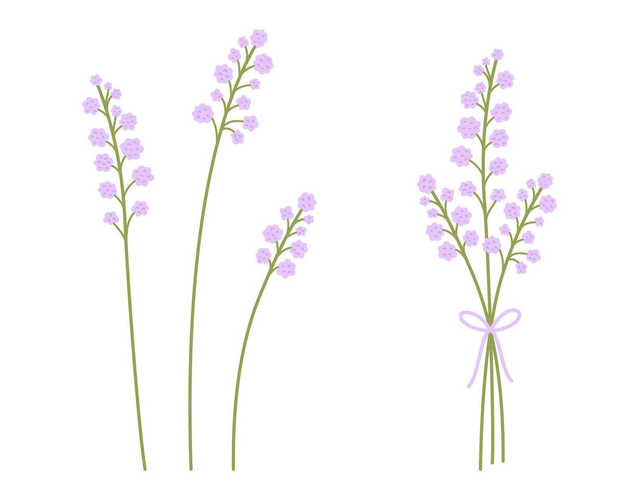Set of bouquets and inflorescence violet mimosa flowers, green stems vector
