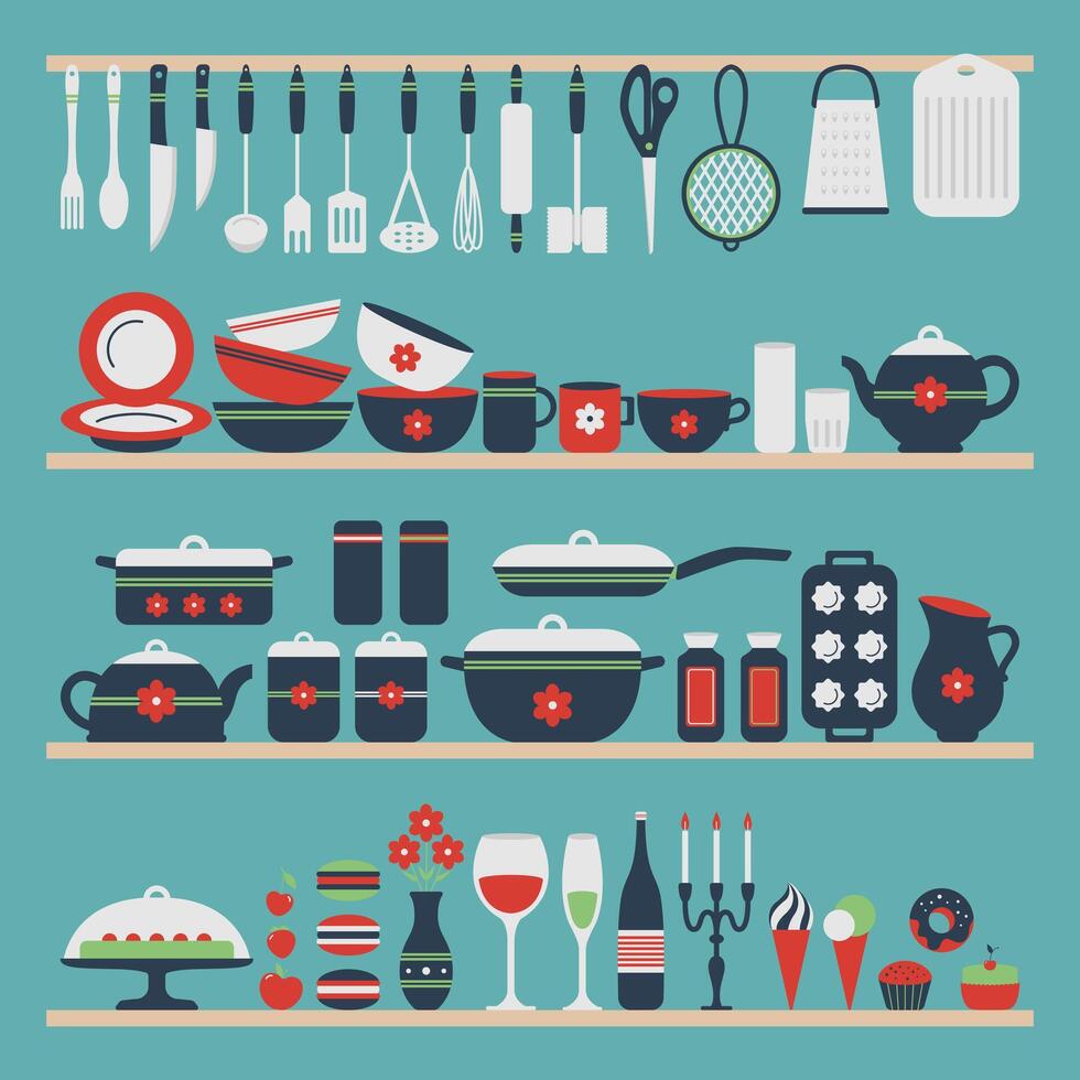 Set of kitchen utensils and food, objects on shelves. Cookware, home cooking background. Kitchenware. Modern design, illustration. vector