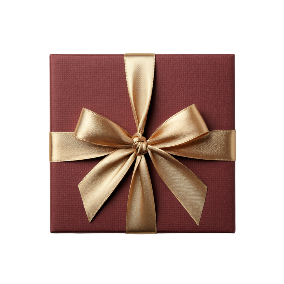 Top View Red Texture Square Box with Golden Ribbon Bow Isolated on Transparent Background png
