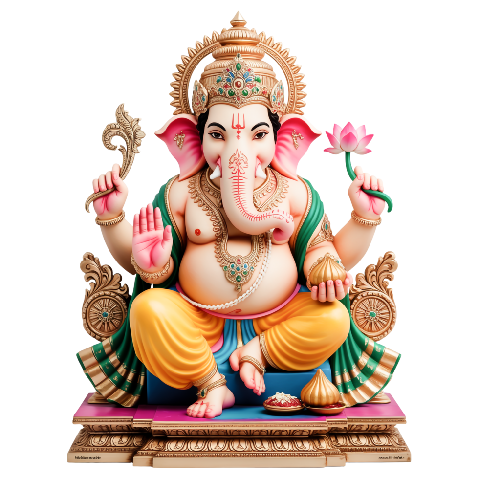 Sitting Ganesha Deity with Lotus and Axe on Pedestal with Transparent Background png