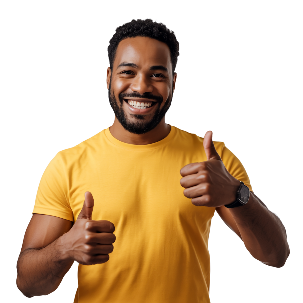 Smiling African man with beard in yellow shirt gives thumbs up on transparent background png