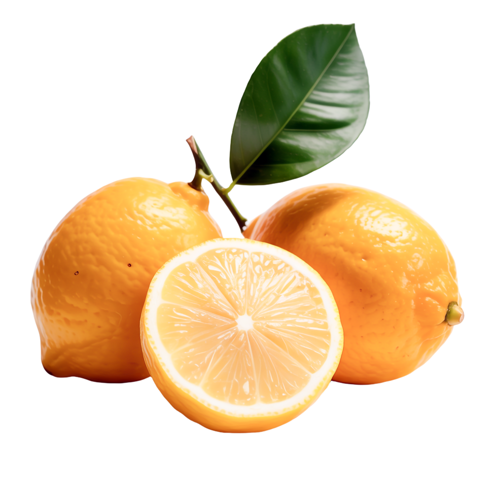 Fresh Lemons with Green Leaf on Transparent Background Studio Shot Close Up png