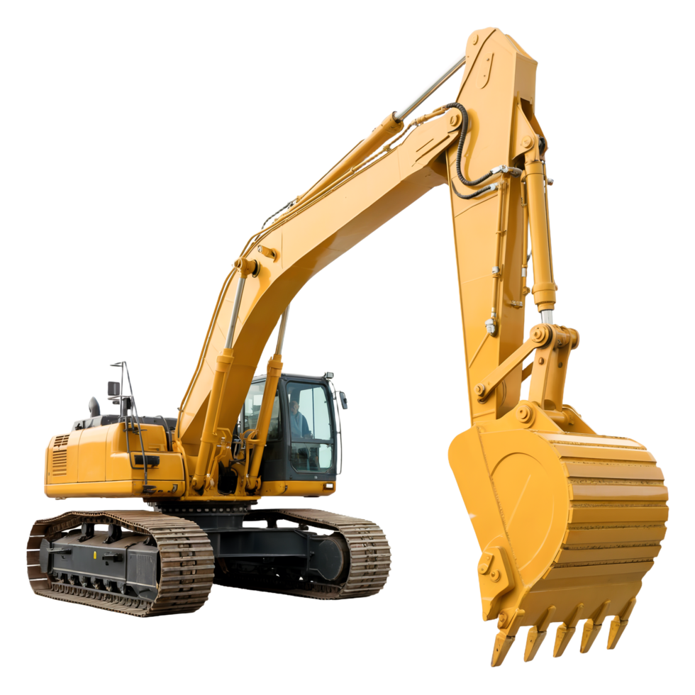 Excavator Isolated, Yellow Heavy Equipment with Tracks on Transparent Background png