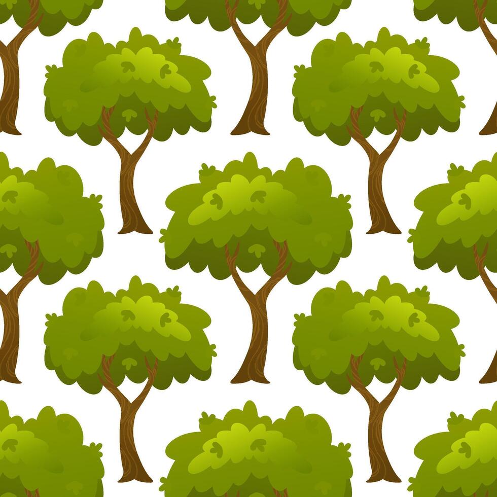 Cartoon green trees with lush foliage and brown trunks arranged in seamless repeating pattern. Flat background illustration. Forest and nature concept. Design for wallpaper, textile, print vector