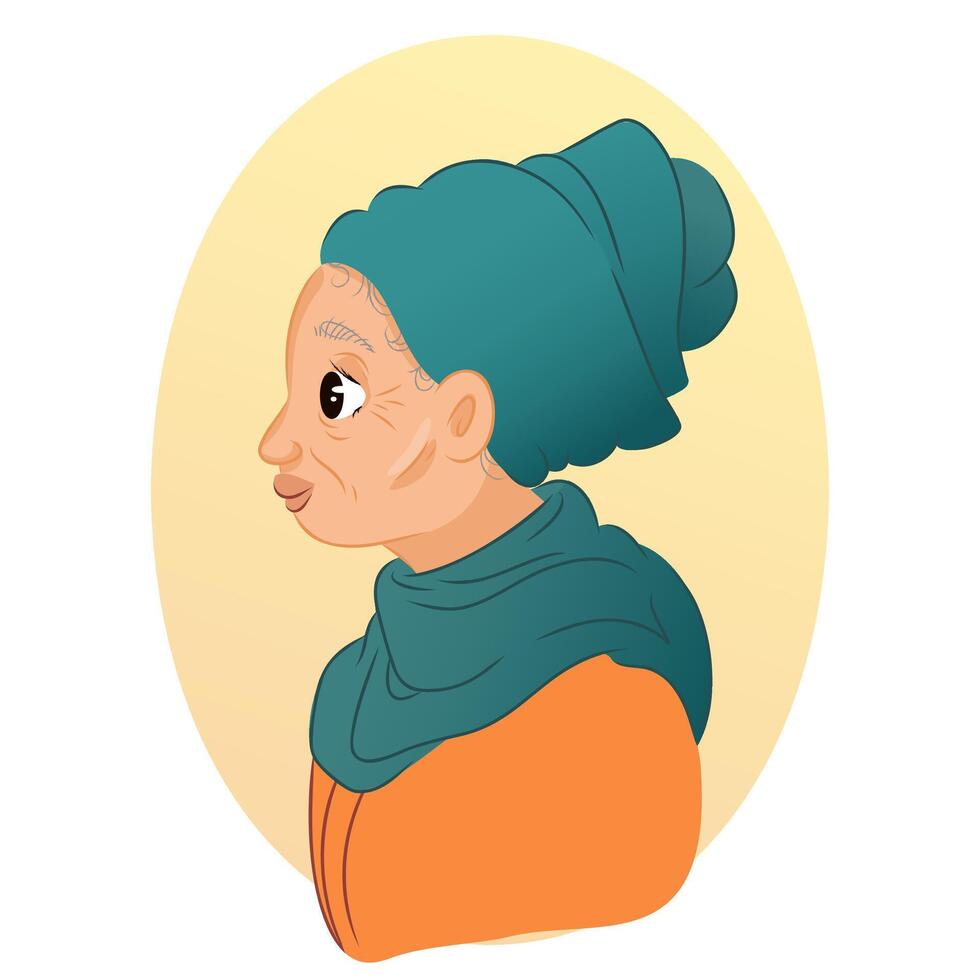 Elderly light-skinned woman wearing turquoise headdress and orange kowtie. Flat cartoon portrait illustration on yellow background. Concept of aging and wisdom. Design for postcard, poster, print vector
