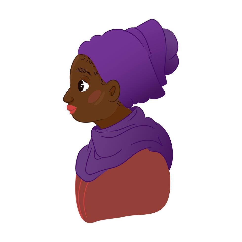 Young dark skinned woman with headscarf in side perspective. Flat cartoon portrait illustration. Cultural identity and concept of beauty. Design for postcard, poster, banner, print, avatar, sticker. vector