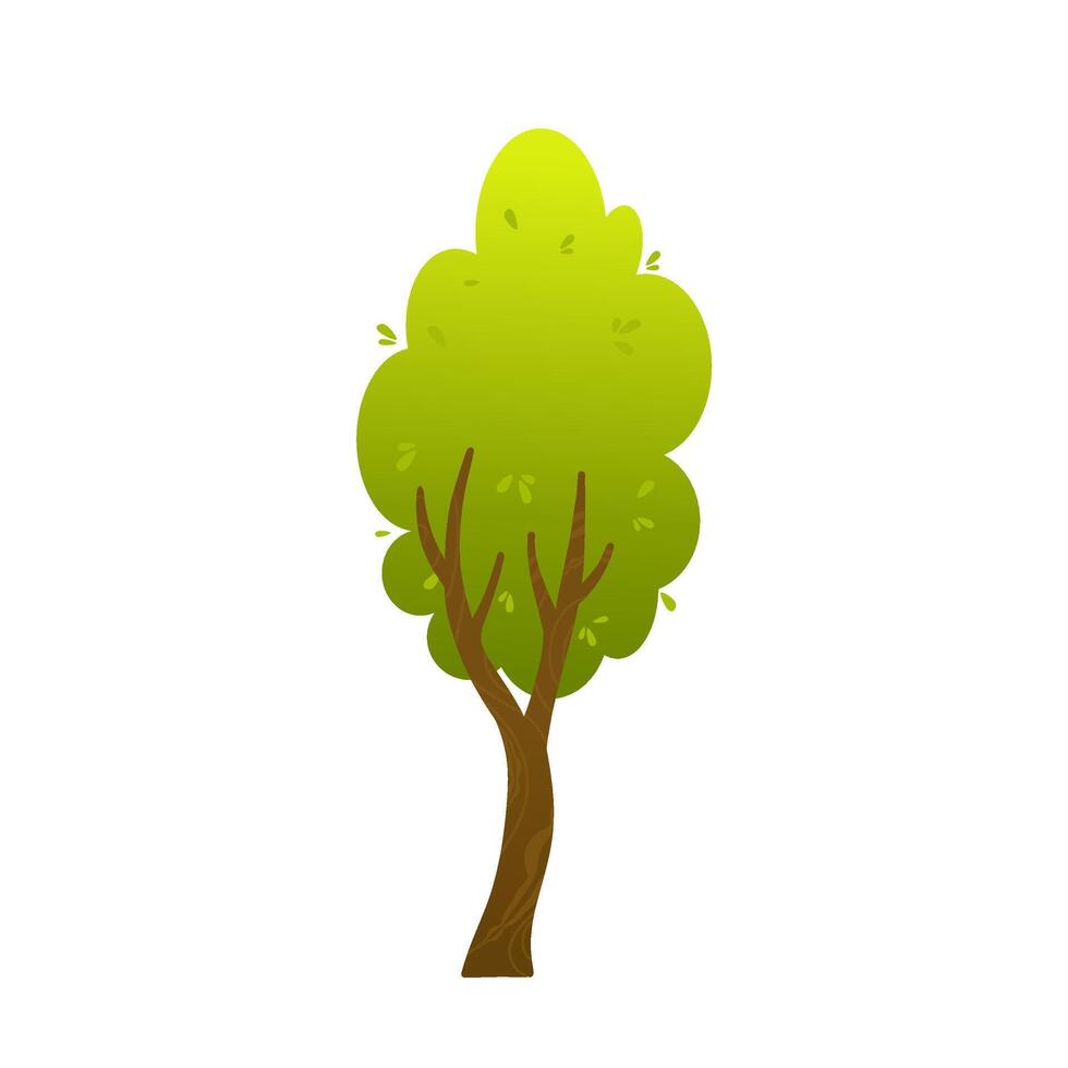 Single stylized green tree with vertically elongated foliage and multiple branches on white background. Flat cartoon illustration. Forest and park concept. Design for banner, poster and print. vector