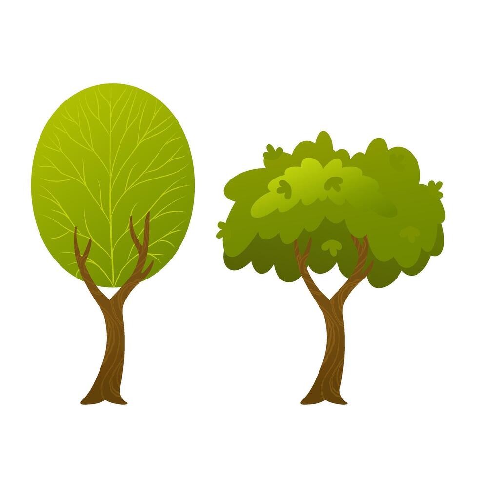 Set of two stylized green trees with oval and narrow foliage shapes and straight trunks on white background. Flat cartoon illustration. Forest and park concept. Design for banner, poster and print. vector
