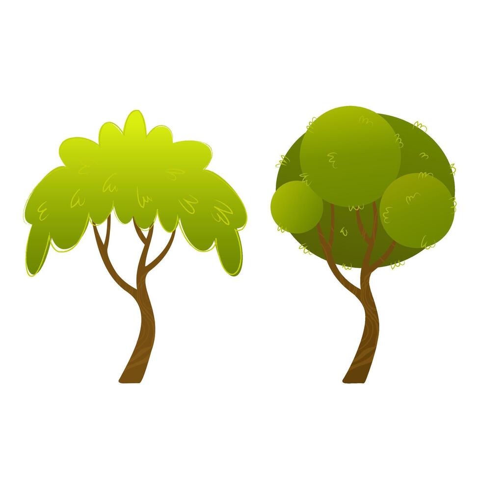 Two stylized green trees with curved trunks and different round and clustered foliage shapes on a white background. Flat cartoon illustration. Forest and park concept. Design for banner and poster. vector