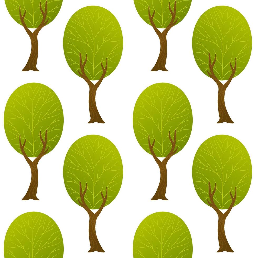 Cartoon green trees with textured branches and brown trunks arranged in a seamless repeating pattern on white background. Flat background illustration. Forest and nature concept. Design for vector