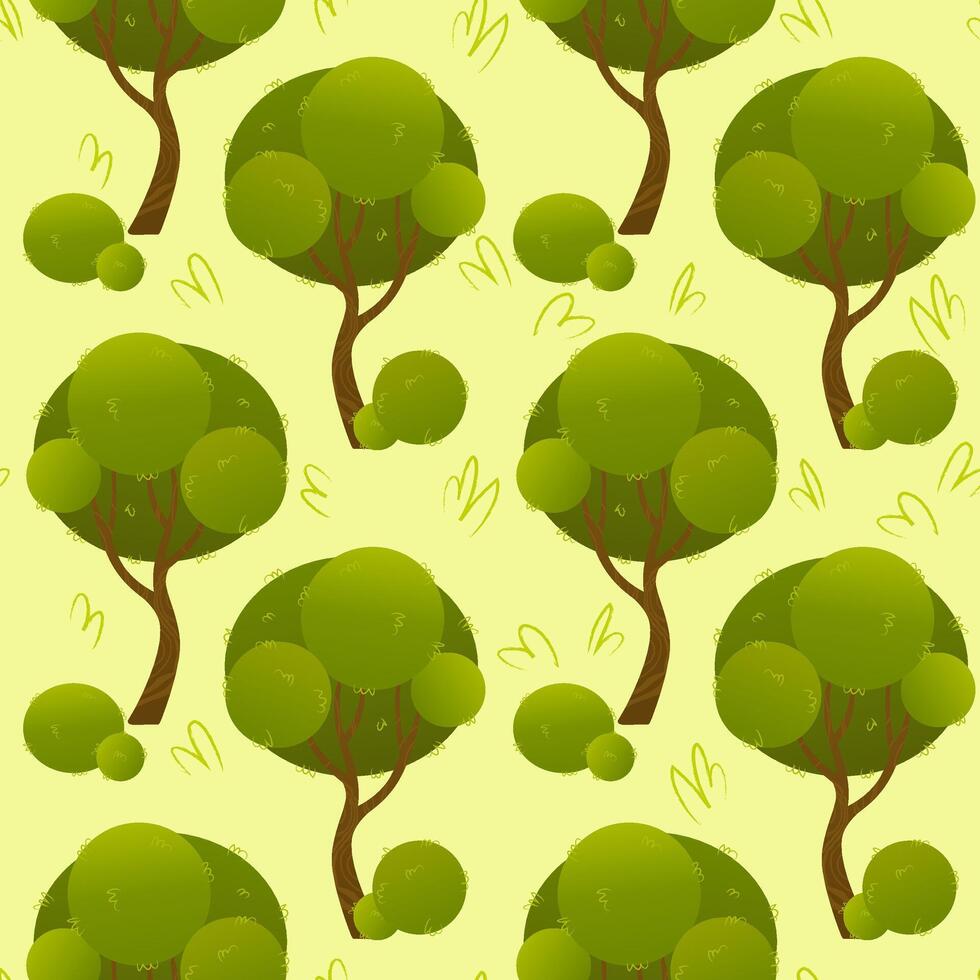 Seamless pattern with stylized green trees with rounded leaves on light green background. Flat cartoon illustration of a forest. Nature Concept. Design for wallpaper, textiles, prints and posters. vector