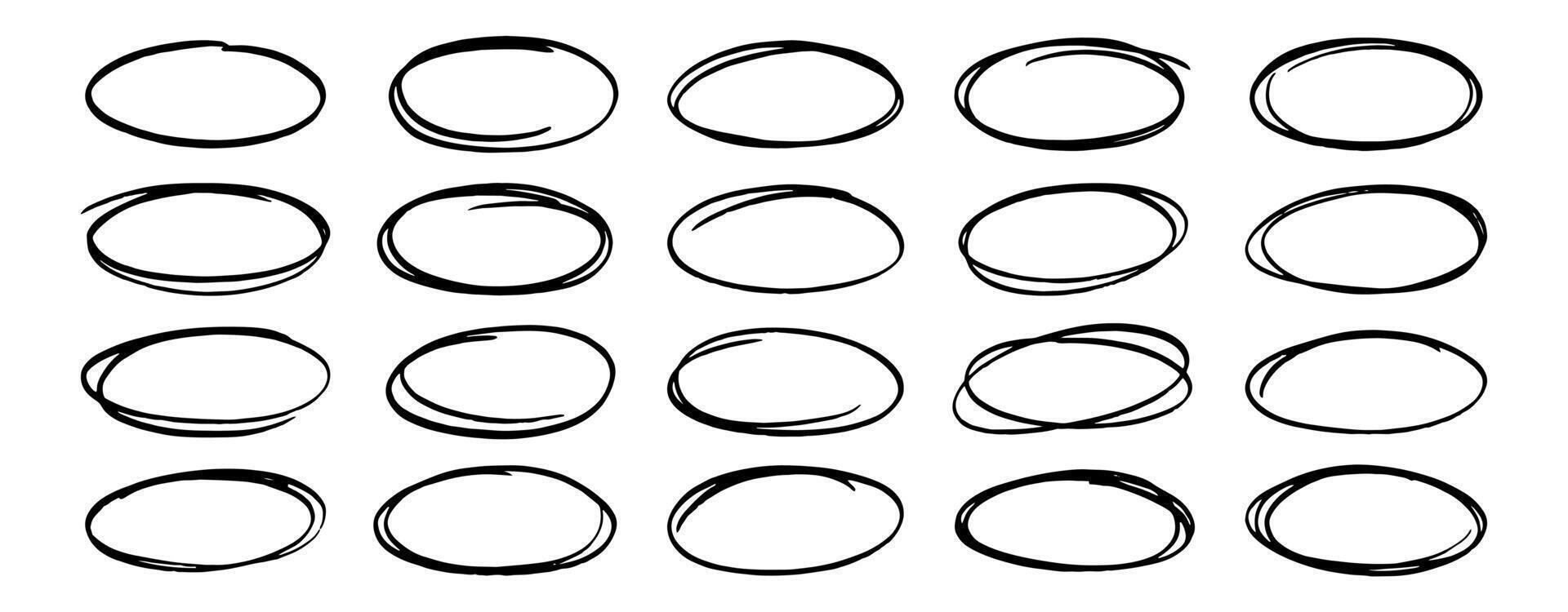 Black oval highlight frames collection. set of handdrawn various doodle brush stroke circle isolated on white background. hand drawn highlight empty frame for text vector
