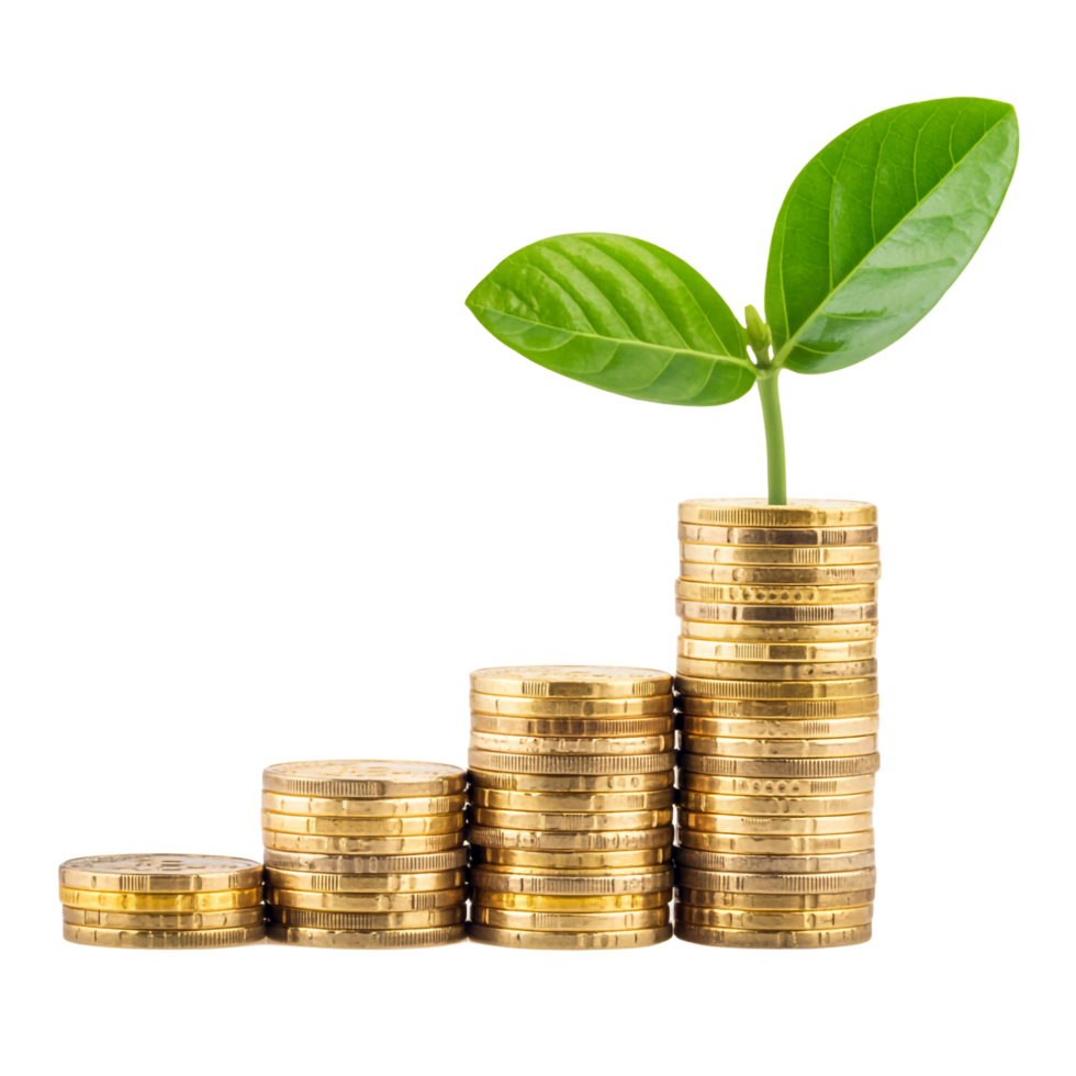 Stacks of Gold Coins with Sprout on Transparent Background, Metallic Currency png