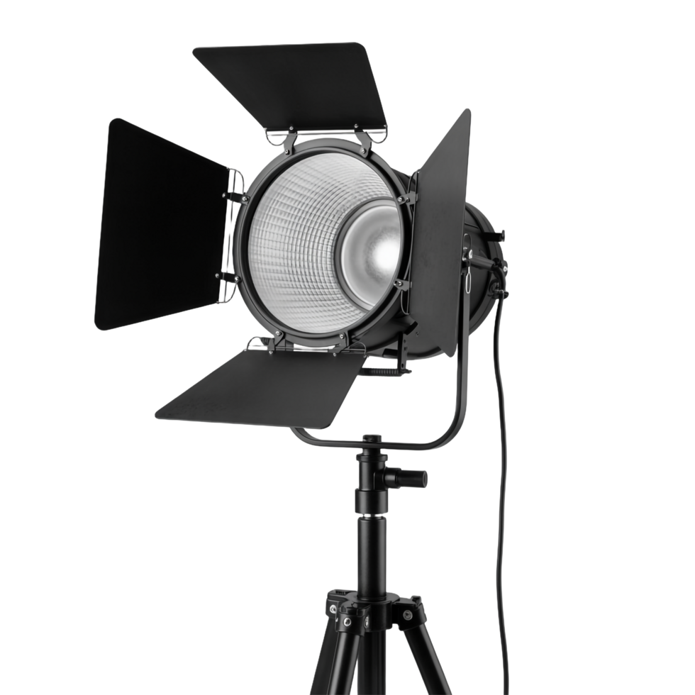 Studio Fresnel Spotlight with Barn Doors on Tripod Stand Against Transparent Background png