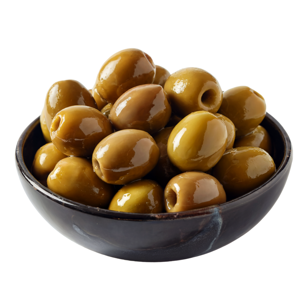 Shiny Green Pitted Olives Filling Dark Bowl Against Transparent Background png