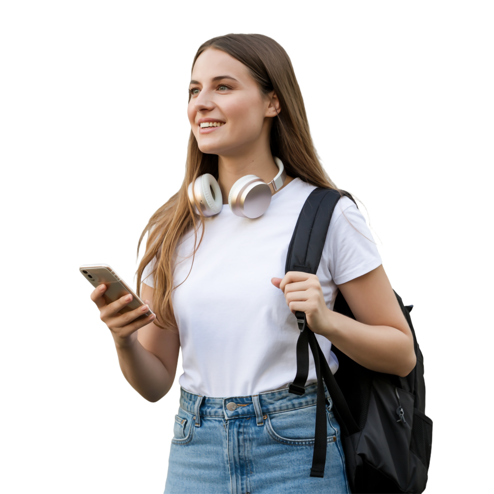 Smiling Woman with Backpack and Headphones Using Smartphone on Transparent Background png