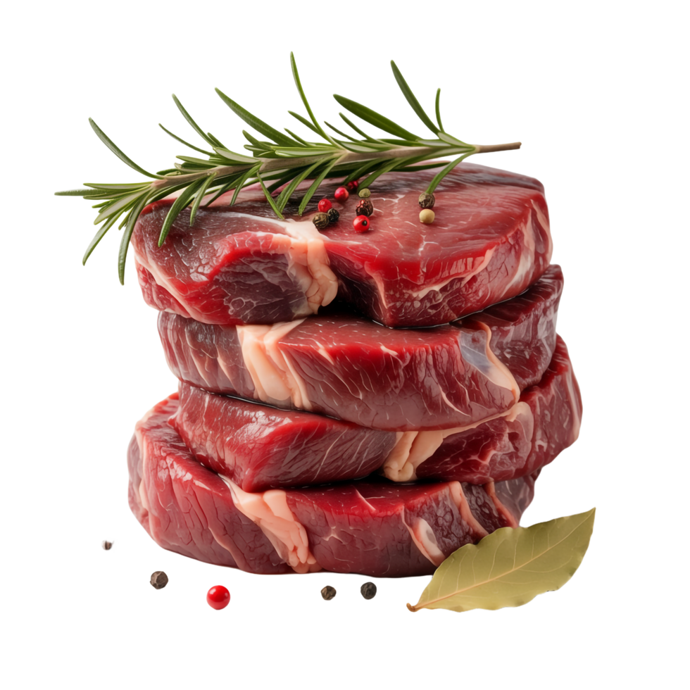 Stacked Raw Beef Steaks with Rosemary, Bay Leaf and Peppercorns on Transparent Background png