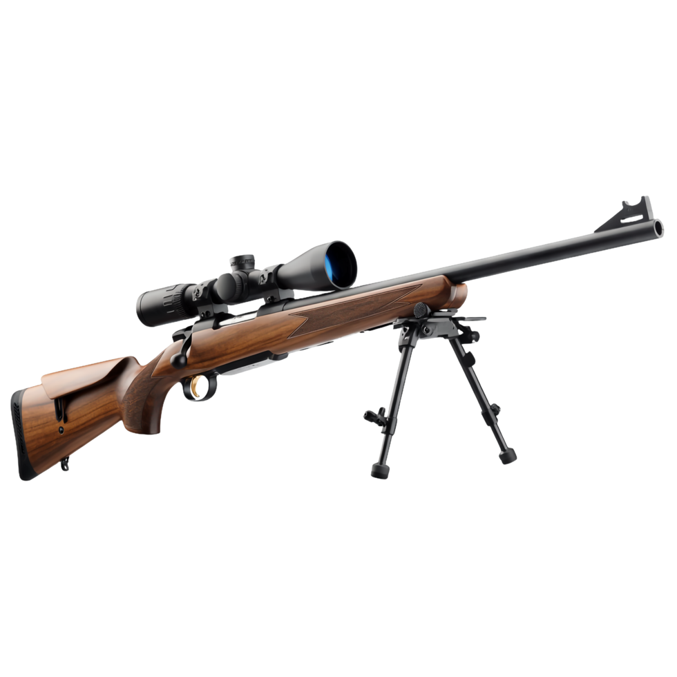 Hunting Rifle Scope Bipod Wood Stock, Precision Firearm with transparent background png