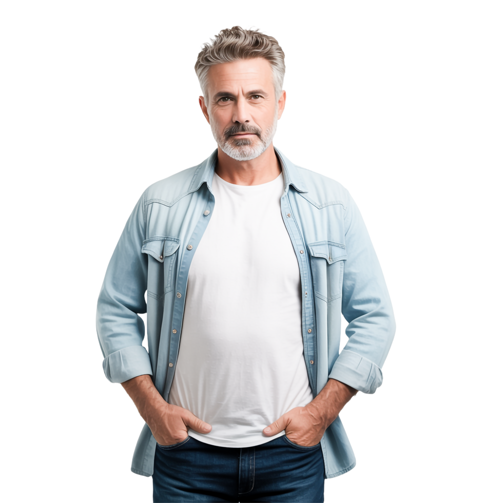 Mature Gray Haired Man In Denim Shirt Posing Isolated on Transparent Background png