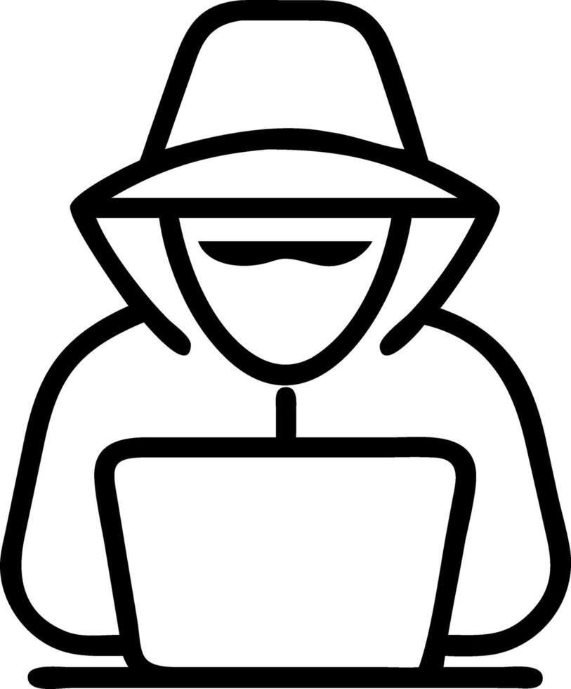 A person in a hoodie and hat is using a laptop vector