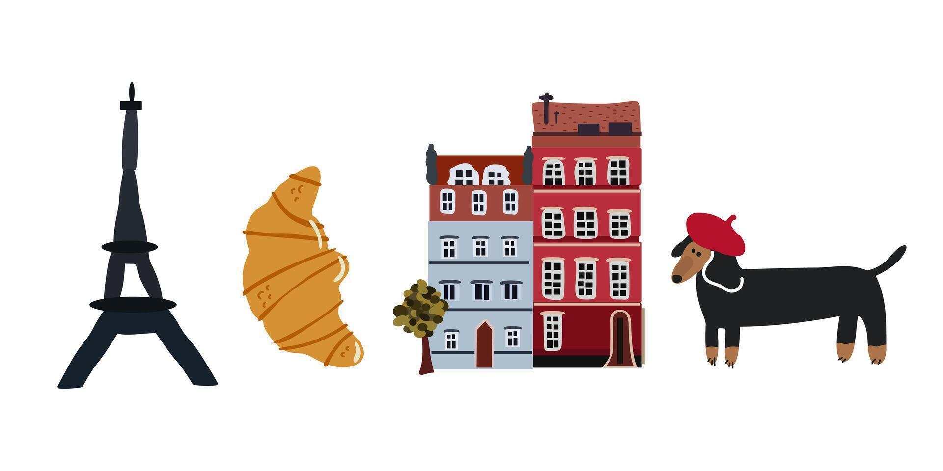 European city cartoon retro stickers. Traditional food, vintage building and symbols of Paris vector