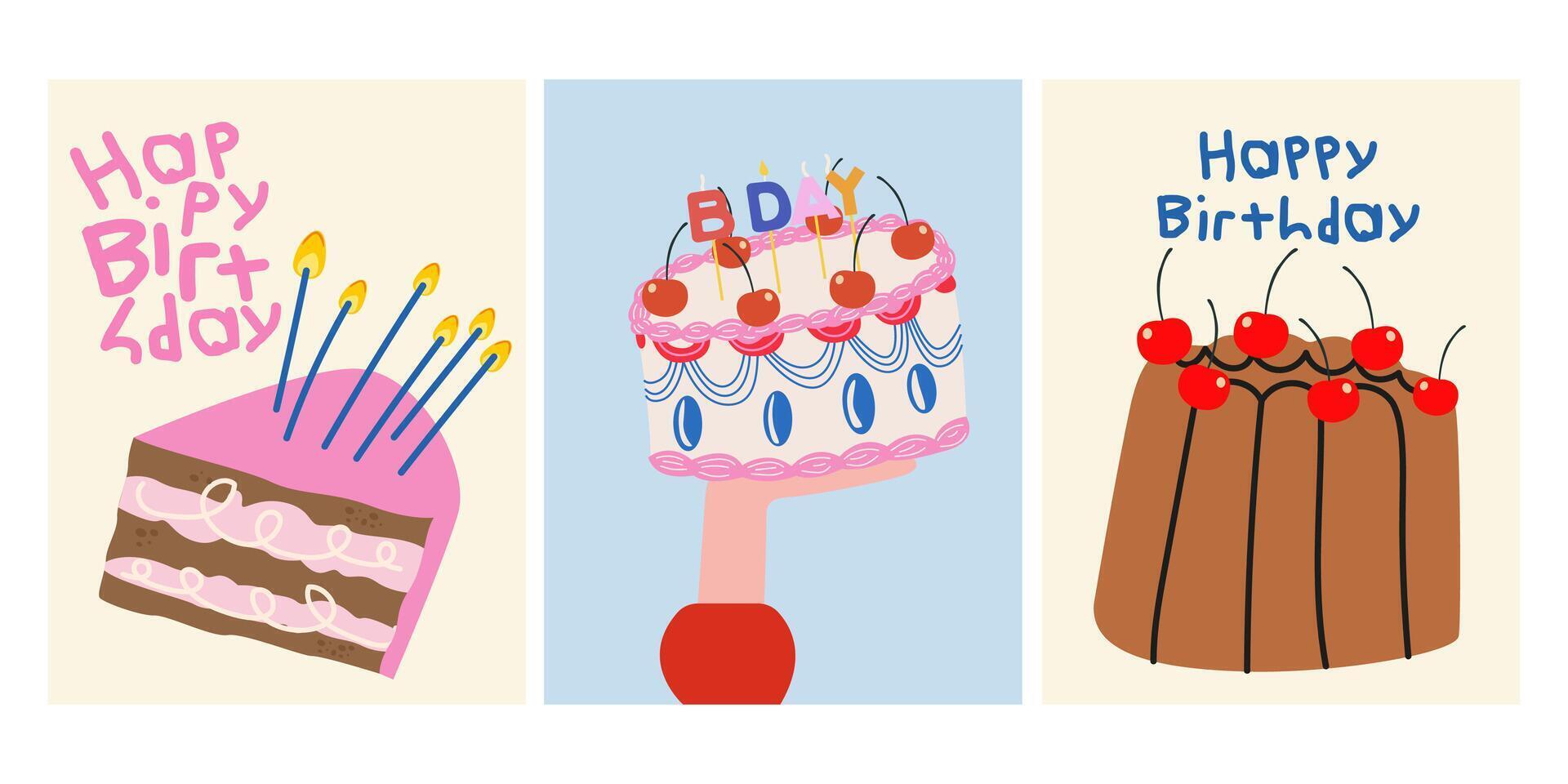 Collection of vintage Birthday greeting cards. Birthday cakes with candles, cherry and cream vector