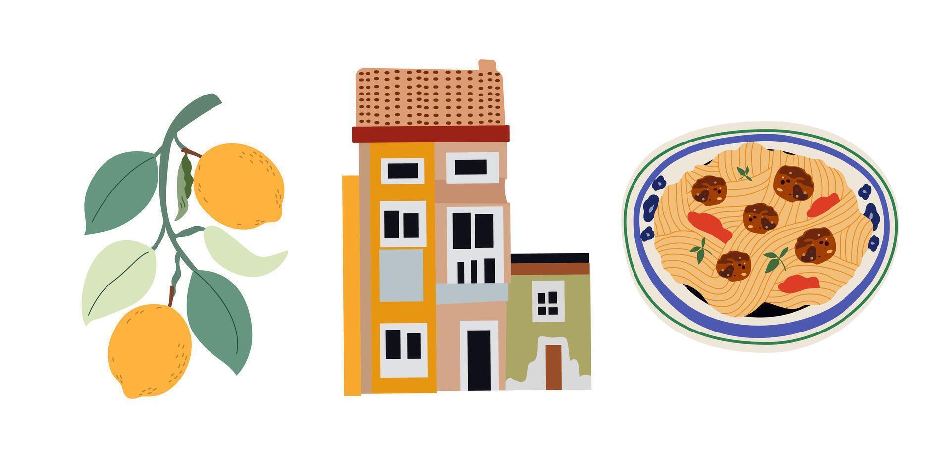 Vintage buildings and food of Sicily. Hand drawn retro travel illustrations vector