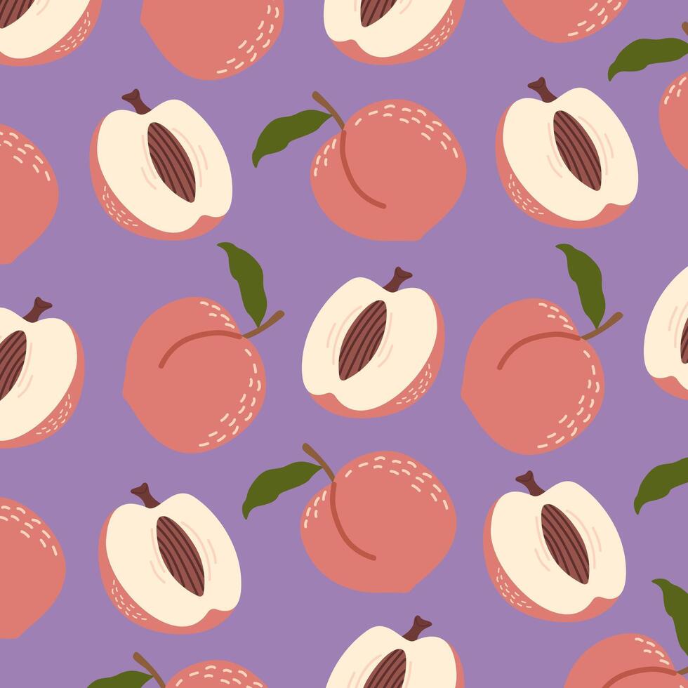 Cartoon juicy peach pattern. Hand drawn fruits illustration. Summer fruits with leaves for textile print, wrapping paper, background, wallpaper, poster vector