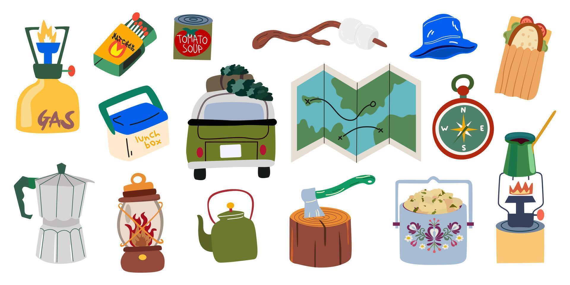 Camping and hiking cartoon set. Nature outdoor adventure. Trekking, travel, tourism concept for scrapbooking, stickers, posters, tags, badges vector