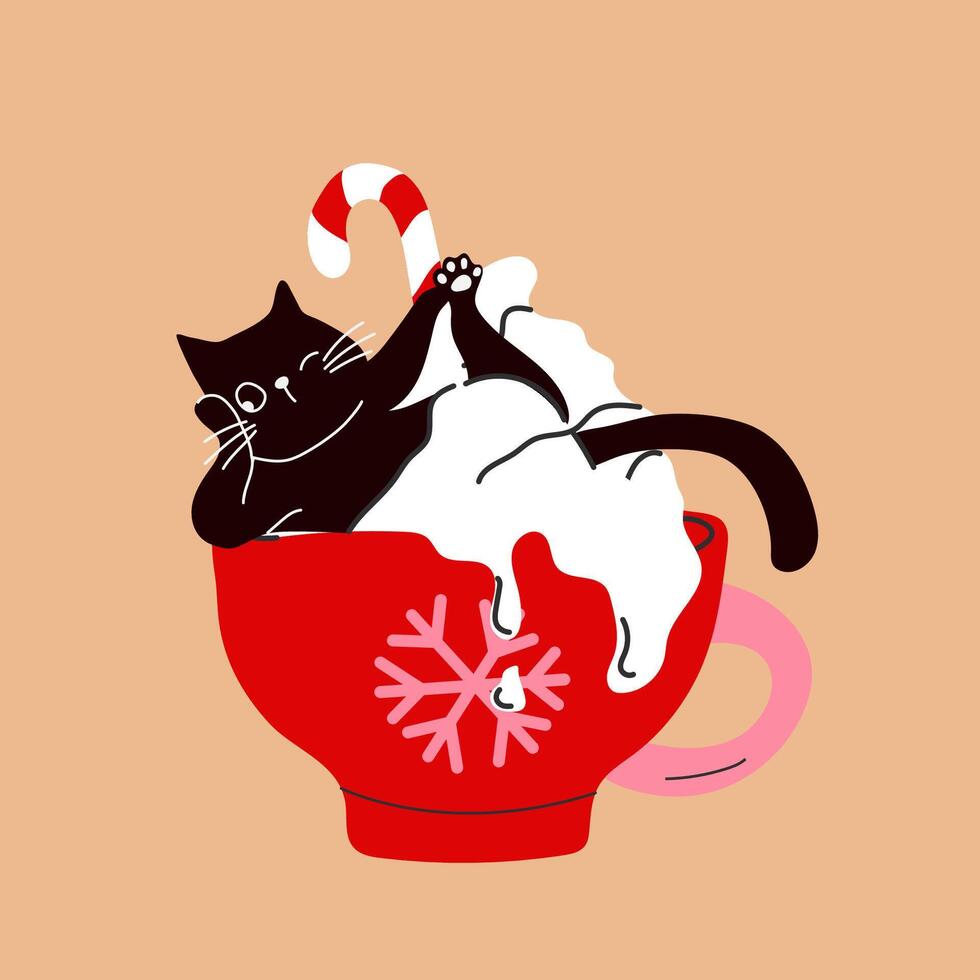 A festive hot cocoa mug filled with whipped cream and joy featuring an adorable cat nestled inside. vector