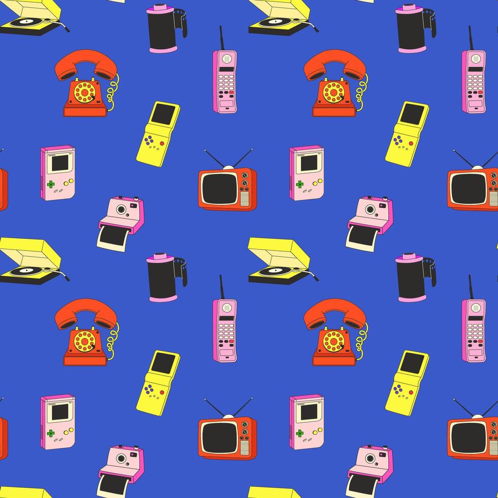Seamless pattern with Retro Gadgets Collection. Vintage Electronics Set vector