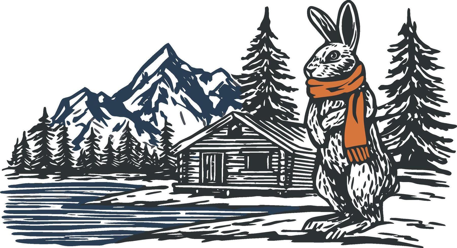 Rustic Mountain Scene with Rabbit in Scarf and Cabin Illustration vector