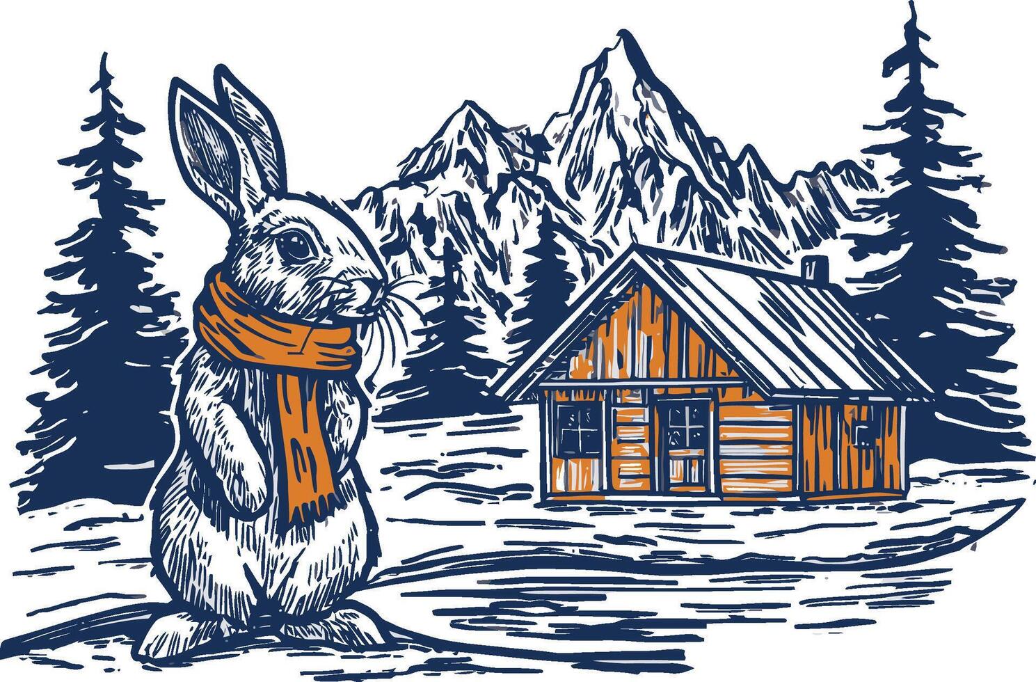 Rabbit in Scarf Near Cozy Cabin in Scenic Mountain Landscape vector