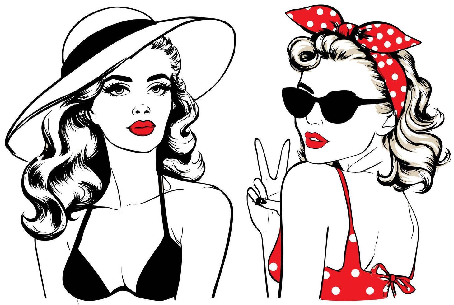 Retro Fashion Illustration of Glamorous Women in Swimwear vector