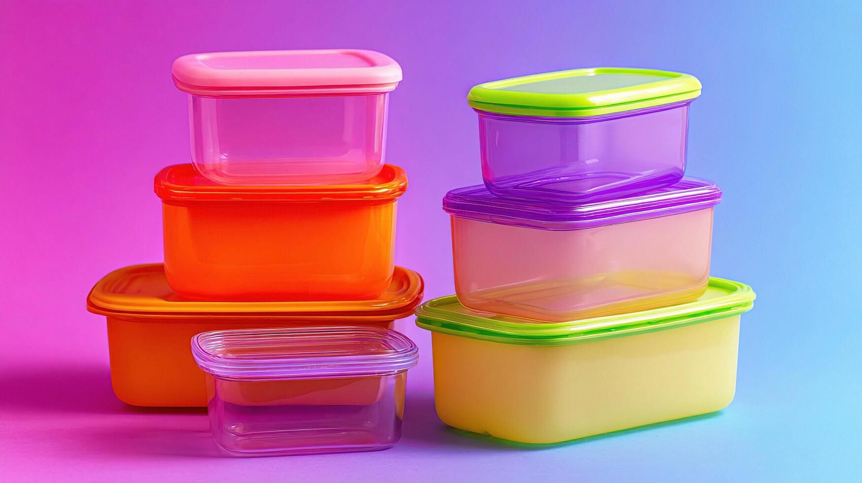 A stack of colorful plastic containers on a colorful background photo