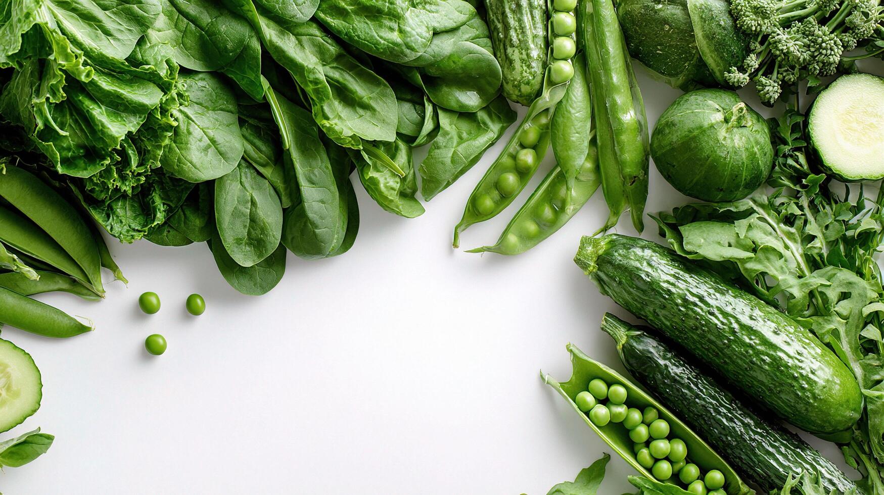 A large group of green vegetables on a white background photo