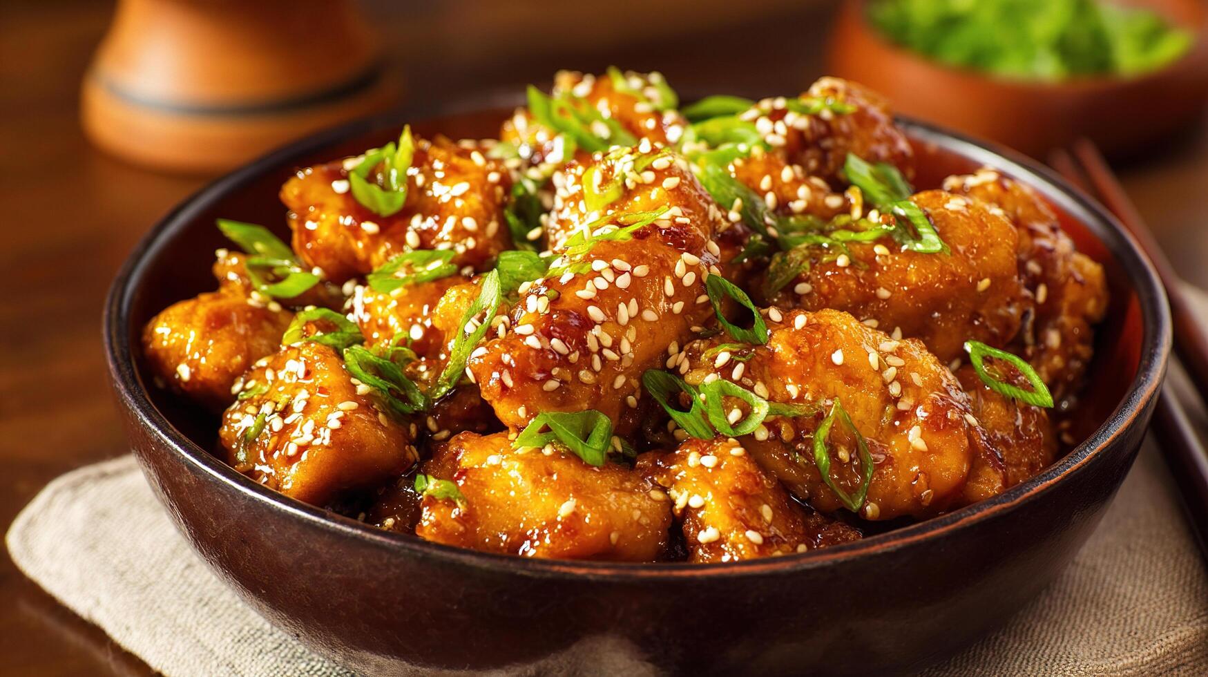 Chicken with sesame seeds and green onions in a bowl photo