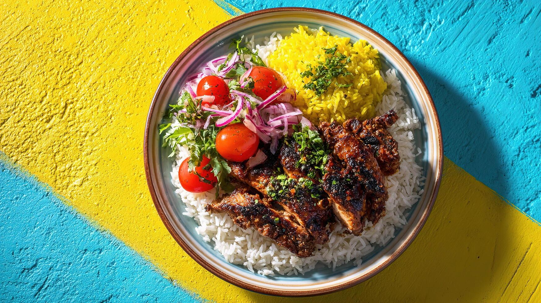 Chicken kebab with rice and vegetables on a colorful background photo