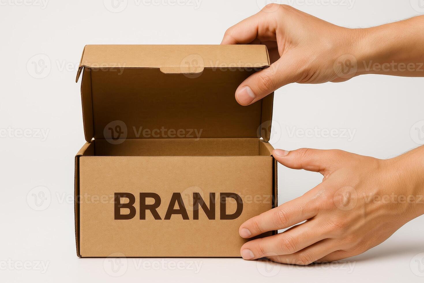 Hands opening cardboard box with word brand on plain background, mockup for product packaging and branding presentation photo