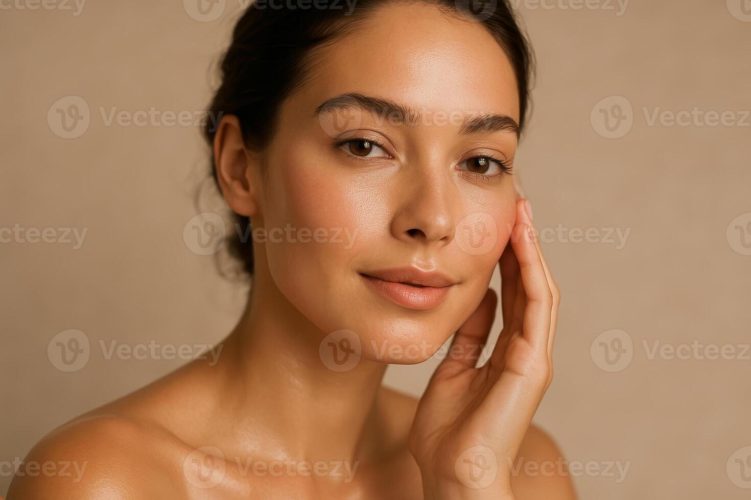 Portrait of young woman with glowing skin touching face. Skincare, wellness and beauty concept on neutral beige background in studio light photo