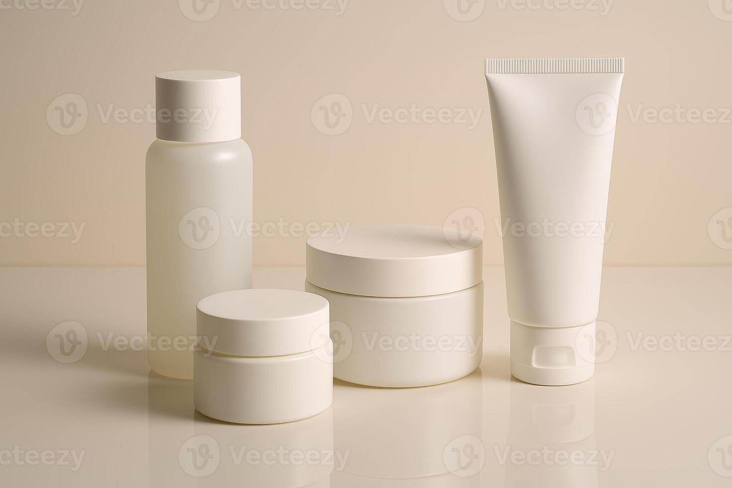 Set of blank cosmetic containers on neutral background. Minimalist skincare packaging mockup for branding design photo