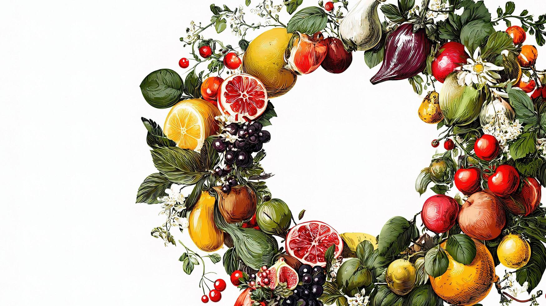 A wreath of fruits and vegetables is shown photo