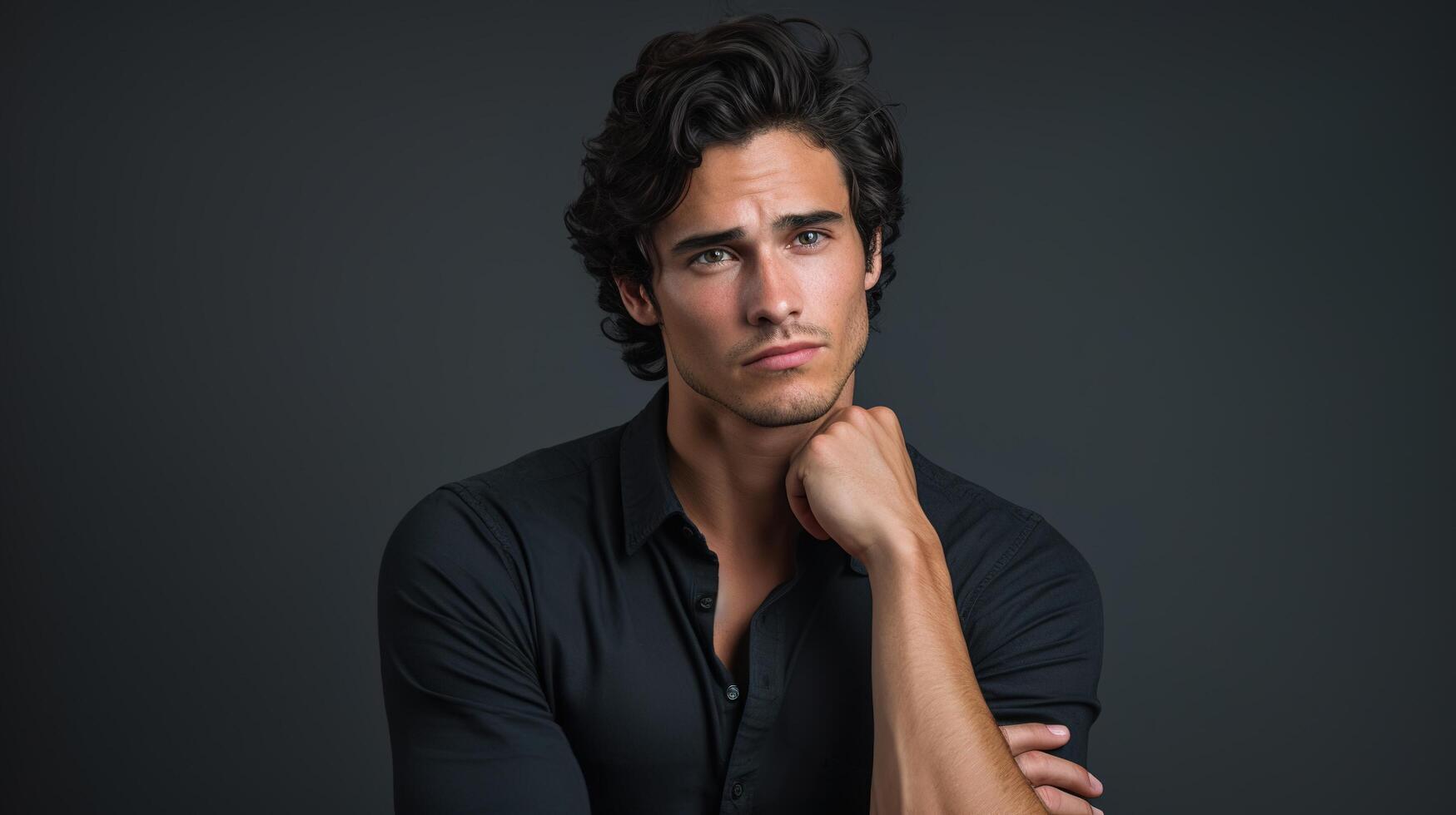 A man with dark hair and a black shirt photo
